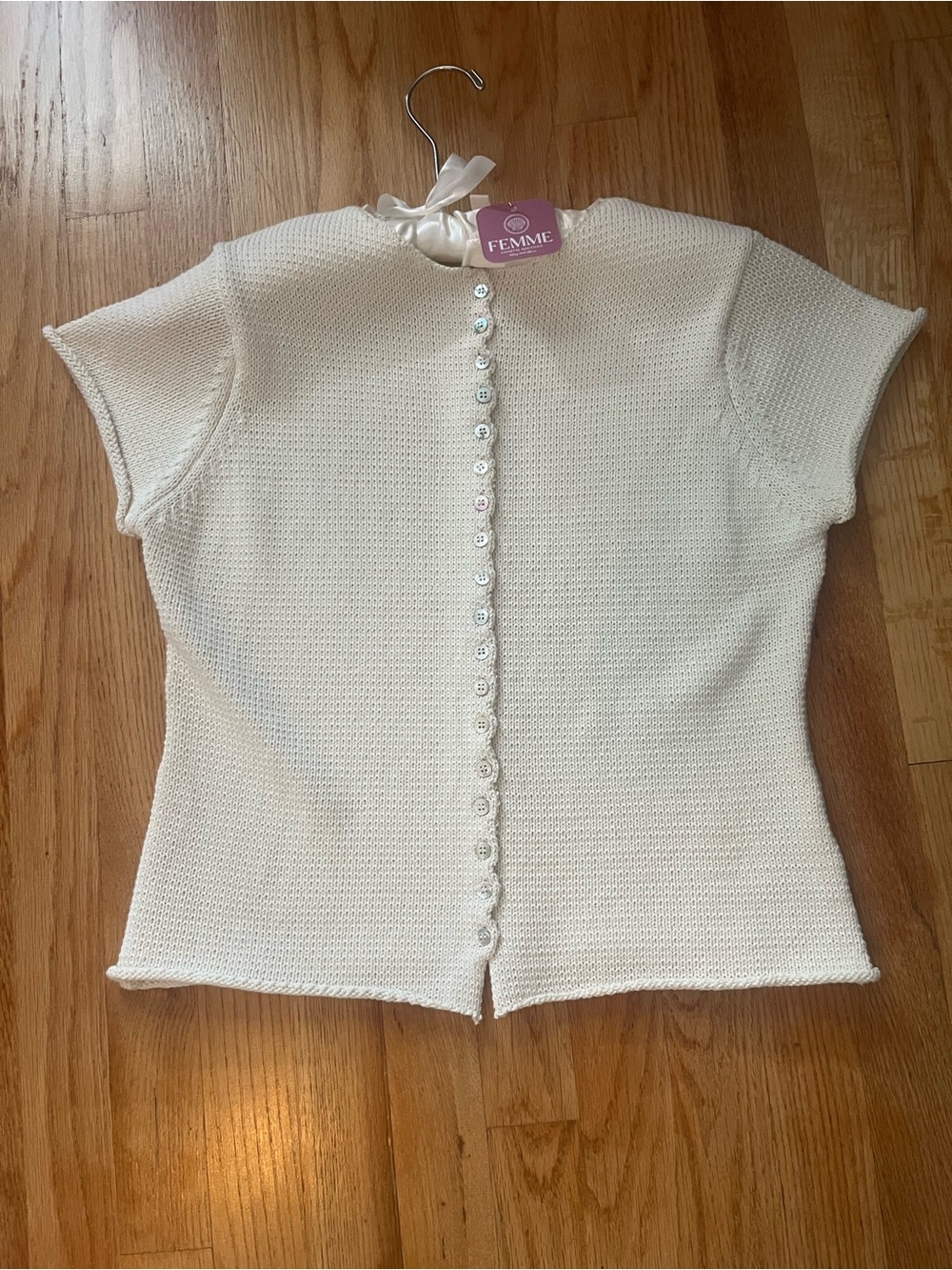 La Femme Cream Short-Sleeve Button-Front Knit Top